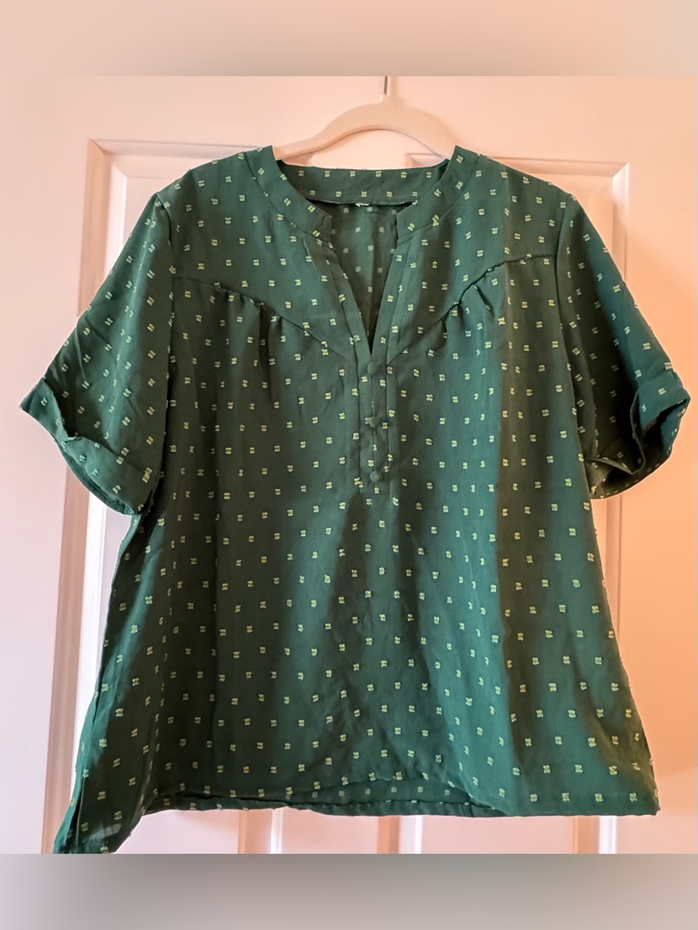 Swiss Dot Green Geometric Split Neck Button Short Sleeve Blouse Size XL